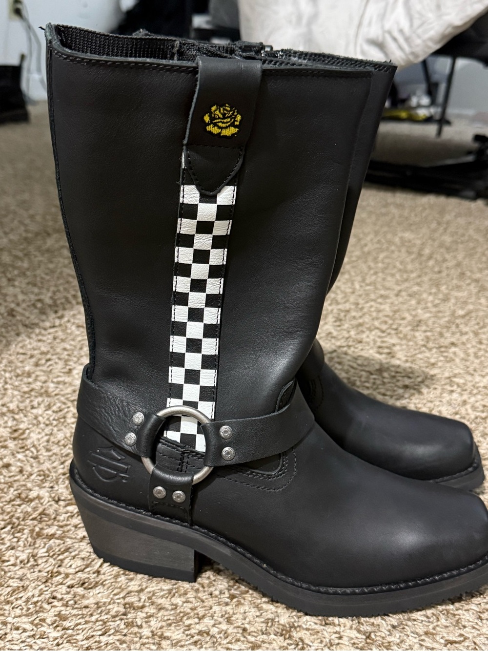 Harley-Davidson Black Leather Boots with Black-and-White Checker Strap